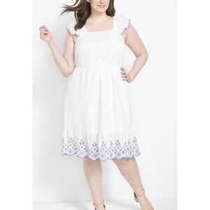 Lane Bryant Sundress Size 18 Short Flutter Sleeve Embroidered White Blue Eyelet